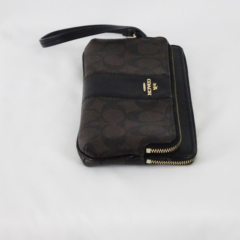 Coach Signature Double Zip Wristlet / Wallet PVC Leather F52848 Brown Black - Picture 6 of 11
